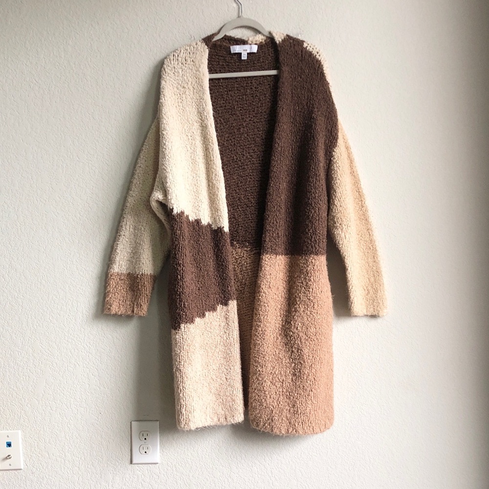 Osman Yousefzada Fuzzy Colorblock Cardigan Sweater Brown Open Front Layering